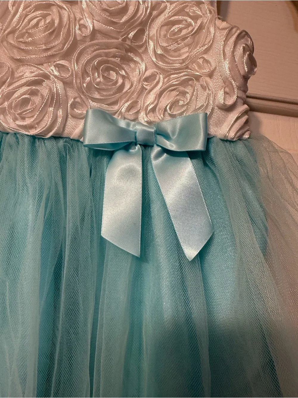 White Rose Bodice Aqua Tulle Flower Girl Dress with Satin Bow
